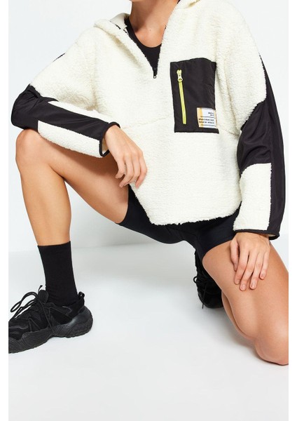 Kadın Oversize Fermuarlı Yaka Düşük Kol Paraşüt Kumaş Detaylı Peluş Geniş Kalıp Örme Spor Sweatshirt