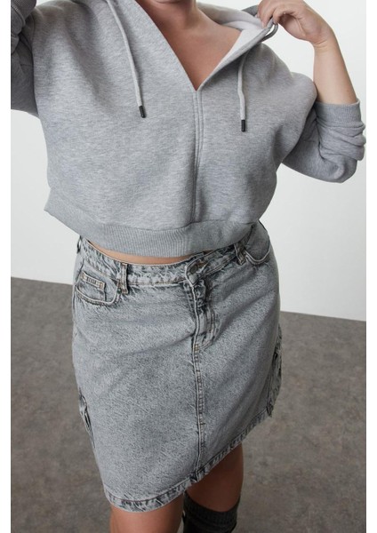 Kadın Büyük Beden Kapüşonlu Düşük Kol Crop Kalın Polarlı V Yaka Rahat Kesim Crop Örme Sweatshirt