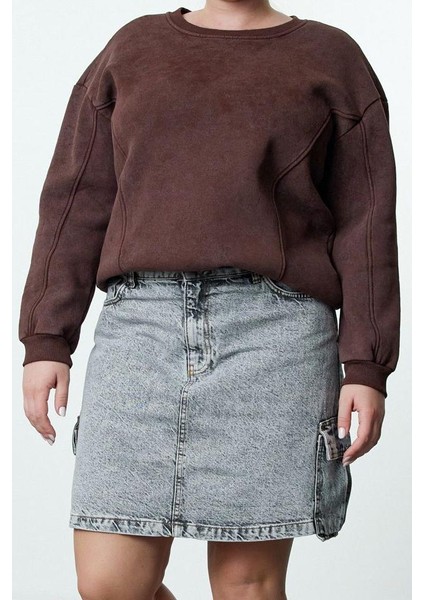 Kadın Büyük Beden Moda Şık Oversize Bisiklet Yaka Düşük Kol Regular Içi Polarlı Örme Sweatshirt