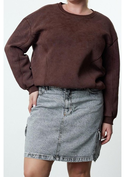 Kadın Büyük Beden Moda Şık Oversize Bisiklet Yaka Düşük Kol Regular Içi Polarlı Örme Sweatshirt