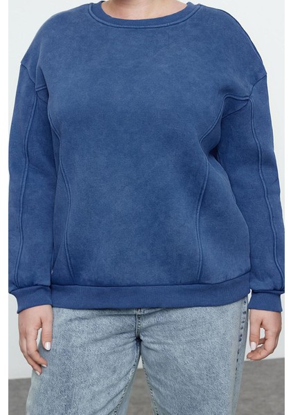 Kadın Büyük Beden Moda Şık Oversize Bisiklet Yaka Düşük Kol Regular Içi Polarlı Örme Sweatshirt