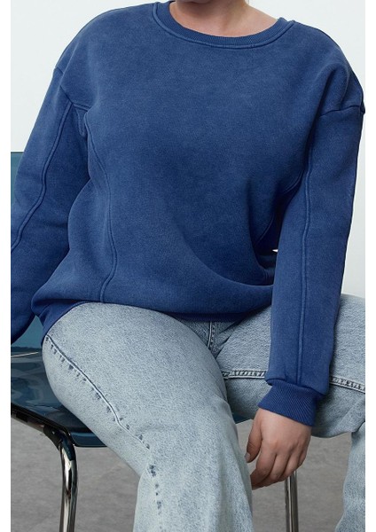 Kadın Büyük Beden Moda Şık Oversize Bisiklet Yaka Düşük Kol Regular Içi Polarlı Örme Sweatshirt