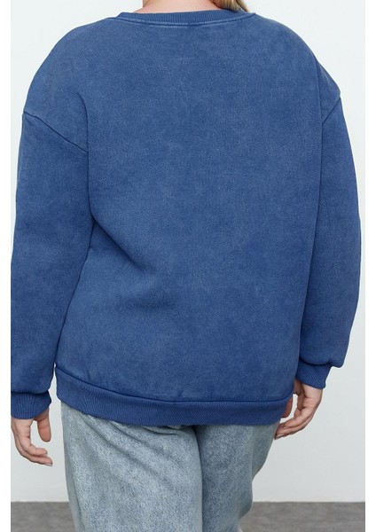 Kadın Büyük Beden Moda Şık Oversize Bisiklet Yaka Düşük Kol Regular Içi Polarlı Örme Sweatshirt