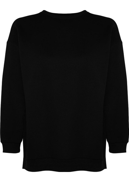 Kadın Büyük Beden Oversize Bisiklet Yaka Standart Kol Kalın Içi Polarlı Yırtmaçlı Örme Sweatshirt