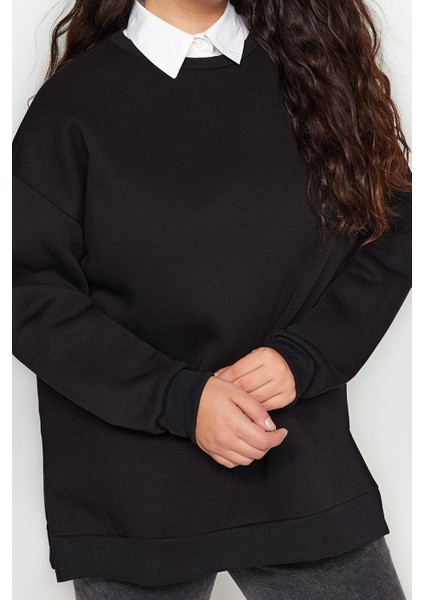 Kadın Büyük Beden Oversize Bisiklet Yaka Standart Kol Kalın Içi Polarlı Yırtmaçlı Örme Sweatshirt