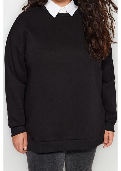 Kadın Büyük Beden Oversize Bisiklet Yaka Standart Kol Kalın Içi Polarlı Yırtmaçlı Örme Sweatshirt