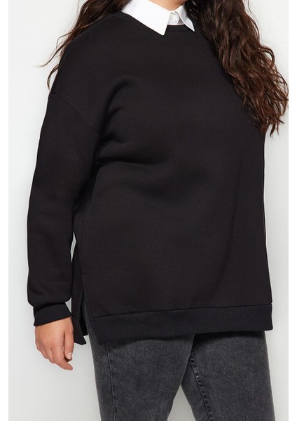 Kadın Büyük Beden Oversize Bisiklet Yaka Standart Kol Kalın Içi Polarlı Yırtmaçlı Örme Sweatshirt