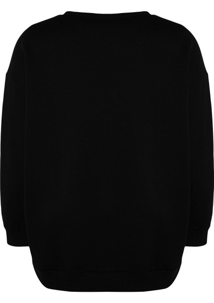 Kadın Büyük Beden Oversize Bisiklet Yaka Standart Kol Kalın Içi Polarlı Yırtmaçlı Örme Sweatshirt