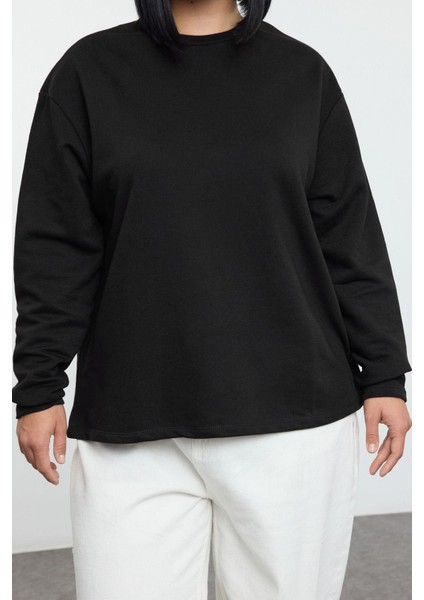 Kadın Büyük Beden Bisiklet Yaka Standart Kol Çıtçıt Detaylı Normal Kalıp Örme Sweatshirt