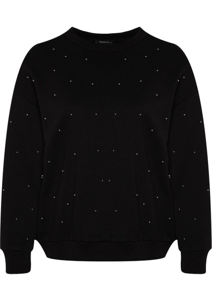 Kadın Büyük Beden Moda Oversize Bisiklet Yaka Düşük Kol Regular Kalın Zımba Detaylı Örme Sweatshirt