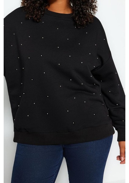 Kadın Büyük Beden Moda Oversize Bisiklet Yaka Düşük Kol Regular Kalın Zımba Detaylı Örme Sweatshirt fiyatları