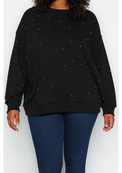 Kadın Büyük Beden Moda Oversize Bisiklet Yaka Düşük Kol Regular Kalın Zımba Detaylı Örme Sweatshirt modelleri