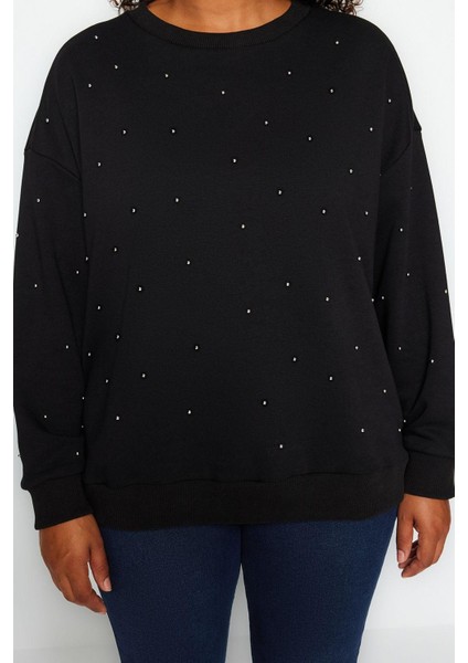 Kadın Büyük Beden Moda Oversize Bisiklet Yaka Düşük Kol Regular Kalın Zımba Detaylı Örme Sweatshirt fırsatları