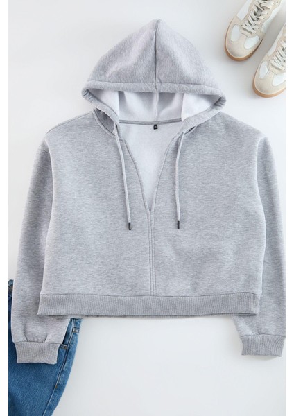 Kadın Büyük Beden Kapüşonlu Düşük Kol Crop Kalın Polarlı V Yaka Rahat Kesim Crop Örme Sweatshirt