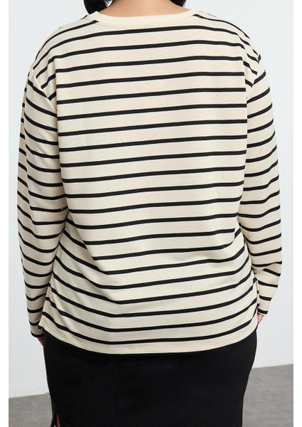 Kadın Büyük Beden Regular Bisiklet Yaka Standart Kol Regular Çizgili Normal Kalıp Örme Sweatshirt indirimleri