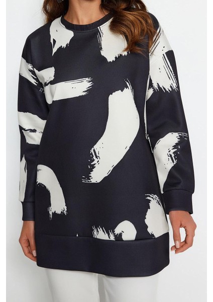 Kadın Tesettür Moda Şık Regular Bisiklet Yaka Düşük Kol Regular Desenli Scuba Örme Sweatshirt modelleri