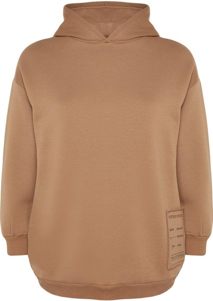 Kadın Büyük Beden Relaxed Kapüşonlu Düşük Kol Regular Slogan Detaylı Içi Polar Kalın Örme Sweatshirt