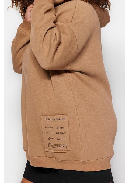 Kadın Büyük Beden Relaxed Kapüşonlu Düşük Kol Regular Slogan Detaylı Içi Polar Kalın Örme Sweatshirt modelleri