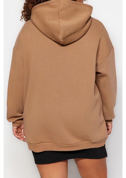 Kadın Büyük Beden Relaxed Kapüşonlu Düşük Kol Regular Slogan Detaylı Içi Polar Kalın Örme Sweatshirt indirimleri