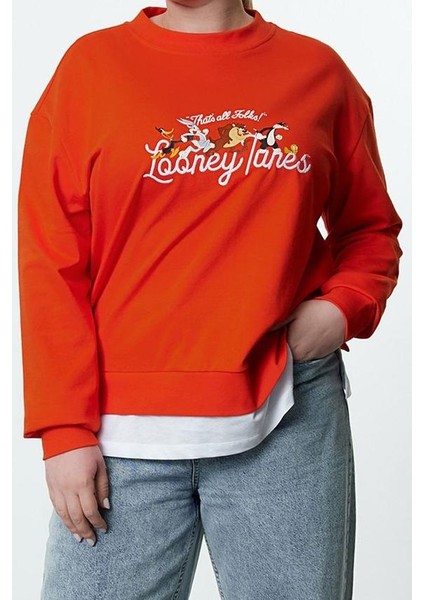 Kadın Büyük Beden Regular Bisiklet Yaka Standart Kol Regular Looney Tunes Lisanslı Örme Sweatshirt