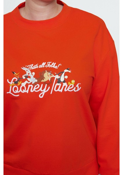 Kadın Büyük Beden Regular Bisiklet Yaka Standart Kol Regular Looney Tunes Lisanslı Örme Sweatshirt