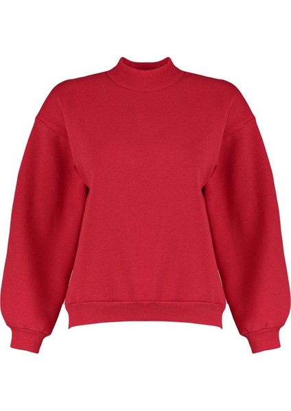 Kadın Moda Şık Relaxed Dik Yaka Düşük Kol Regular Kalın Içi Polarlı Rahat Kalıp Örme Sweatshirt