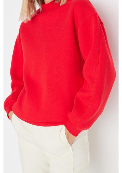 Kadın Moda Şık Relaxed Dik Yaka Düşük Kol Regular Kalın Içi Polarlı Rahat Kalıp Örme Sweatshirt