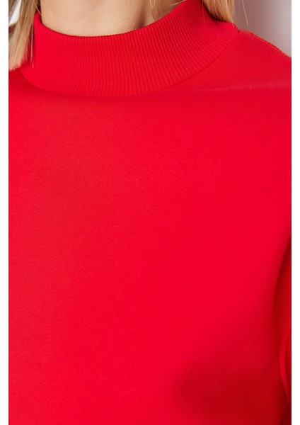 Kadın Moda Şık Relaxed Dik Yaka Düşük Kol Regular Kalın Içi Polarlı Rahat Kalıp Örme Sweatshirt