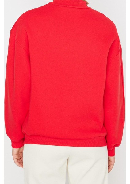 Kadın Moda Şık Relaxed Dik Yaka Düşük Kol Regular Kalın Içi Polarlı Rahat Kalıp Örme Sweatshirt
