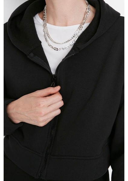 Kadın Moda Relaxed Kapüşonlu Düşük Kol Crop Basic Fermuarlı Crop Kalın Içi Polarlı Örme Sweatshirt