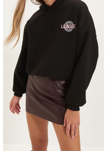 Kadın Moda Şık Relaxed Kapüşonlu Düşük Kol Crop Sırt Baskı Detaylı Kalın Içi Polarlı Örme Sweatshirt