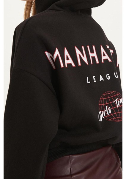Kadın Moda Şık Relaxed Kapüşonlu Düşük Kol Crop Sırt Baskı Detaylı Kalın Içi Polarlı Örme Sweatshirt