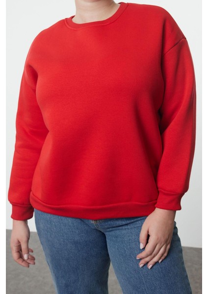 Kadın Büyük Beden Oversize Bisiklet Yaka Düşük Kol Rahat Kesim Basic Kalın Polarlı Örme Sweatshirt