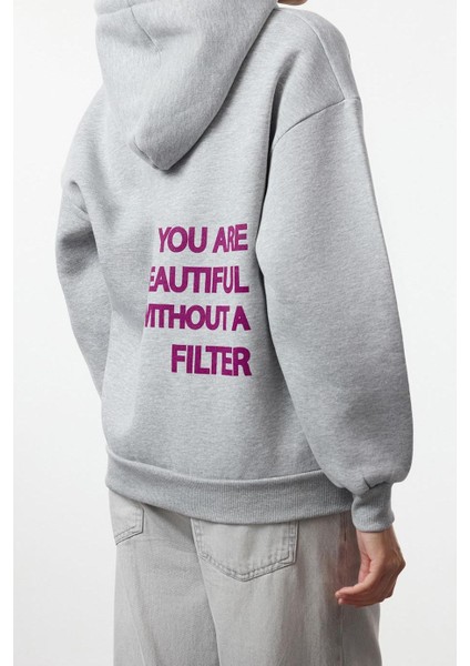 Kadın Oversize Kapüşonlu Düşük Kol Uzun Kalın Içi Polarlı Sırt Baskılı Geniş Kalıp Örme Sweatshirt