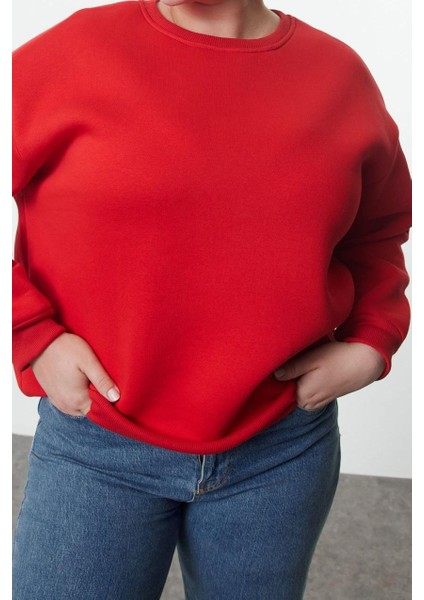 Kadın Büyük Beden Oversize Bisiklet Yaka Düşük Kol Rahat Kesim Basic Kalın Polarlı Örme Sweatshirt