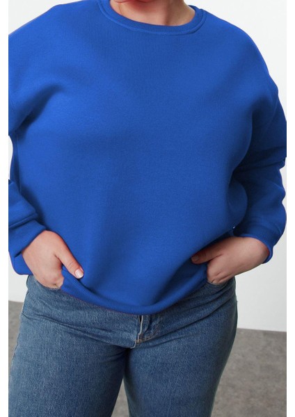 Kadın Büyük Beden Oversize Bisiklet Yaka Mavi Rahat Kesim Basic Kalın Polarlı Örme Sweatshirt