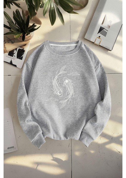 Unisex Moda Şık Oversize Bisiklet Yaka Standart Kol Standart Gri Geniş Kesim Sıcak Tutan Sweatshirt