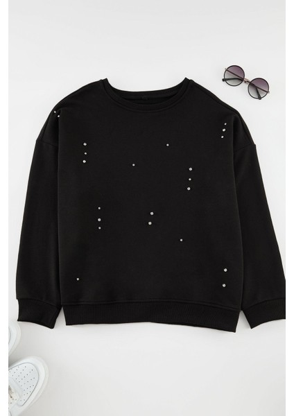 Kadın Büyük Beden Moda Şık Oversize Bisiklet Yaka Düşük Kol Regular Örme Sweatshirt