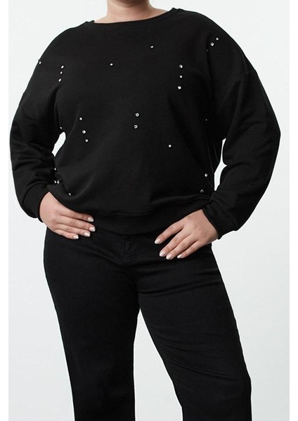 Kadın Büyük Beden Moda Şık Oversize Bisiklet Yaka Düşük Kol Regular Örme Sweatshirt