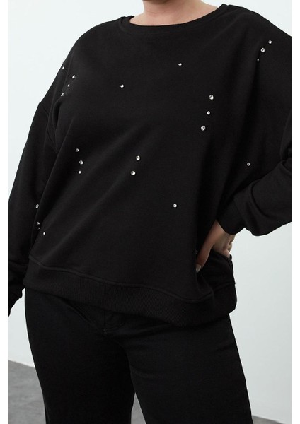 Kadın Büyük Beden Moda Şık Oversize Bisiklet Yaka Düşük Kol Regular Örme Sweatshirt