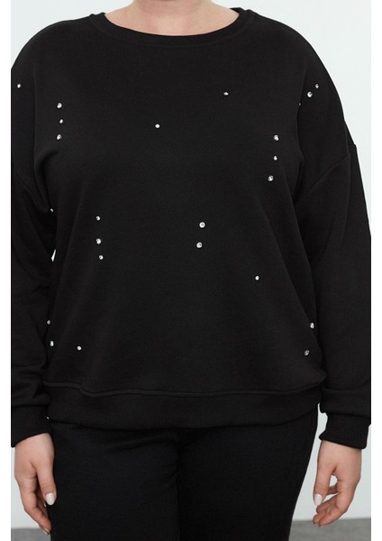 Kadın Büyük Beden Moda Şık Oversize Bisiklet Yaka Düşük Kol Regular Örme Sweatshirt