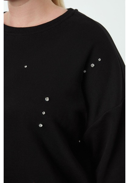 Kadın Büyük Beden Moda Şık Oversize Bisiklet Yaka Düşük Kol Regular Örme Sweatshirt