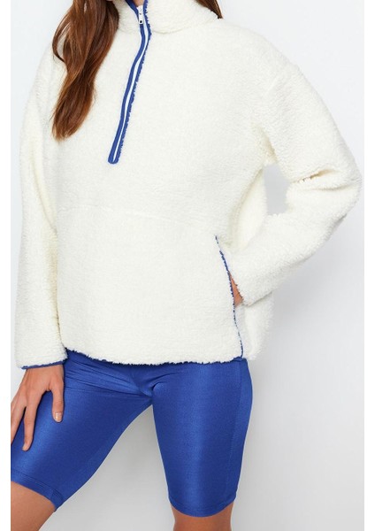 Kadın Moda Şık Regular Dik Yaka Düşük Kol Regular Peluş Örme Spor Sweatshirt