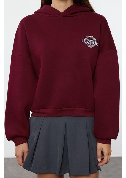 Kadın Moda Şık Relaxed Kapüşonlu Düşük Kol Crop Sırt Baskı Detaylı Kalın Içi Polarlı Örme Sweatshirt