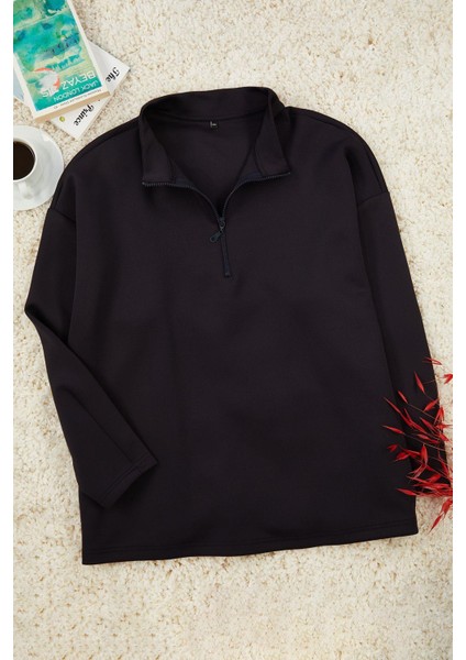 Kadın Büyük Beden Moda Şık Oversize Dik Yaka Düşük Kol Uzun Geniş Kalıp Örme Sweatshirt
