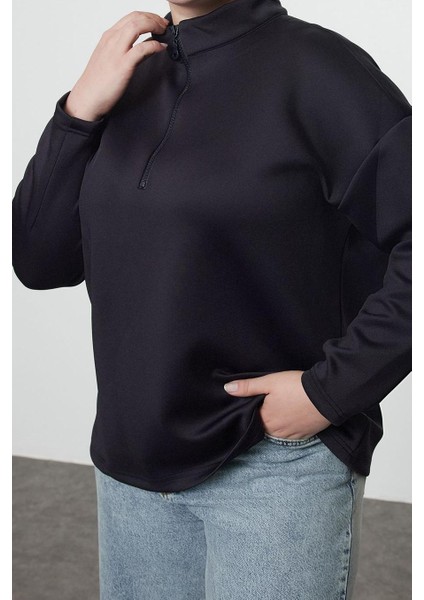 Kadın Büyük Beden Moda Şık Oversize Dik Yaka Düşük Kol Uzun Geniş Kalıp Örme Sweatshirt