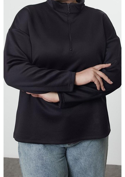 Kadın Büyük Beden Moda Şık Oversize Dik Yaka Düşük Kol Uzun Geniş Kalıp Örme Sweatshirt