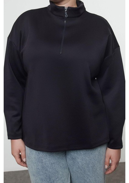 Kadın Büyük Beden Moda Şık Oversize Dik Yaka Düşük Kol Uzun Geniş Kalıp Örme Sweatshirt