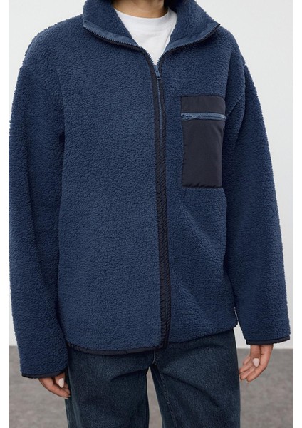 Kadın Moda Şık Oversize Dik Yaka Standart Kol Uzun Kalın Polar Fermuarlı Cepli Örme Sweatshirt