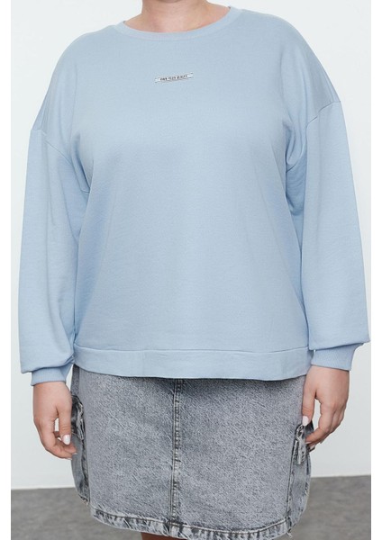 Kadın Büyük Beden Moda Şık Oversize Bisiklet Yaka Düşük Kol Regular Mavi Içi Polarlı Örme Sweatshirt